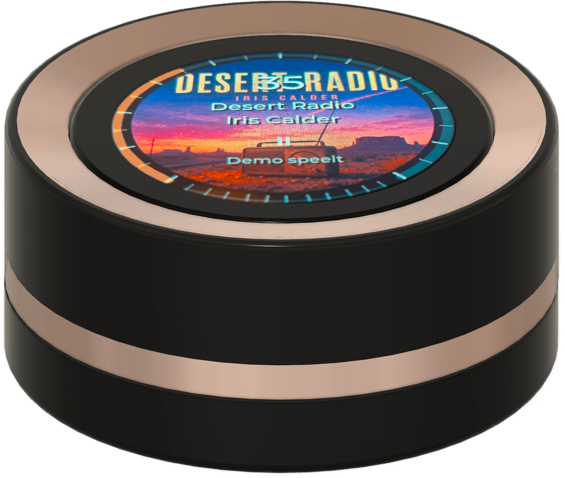 Zwarte Music Dial met koperen accenten en de albumhoes van Desert Radio