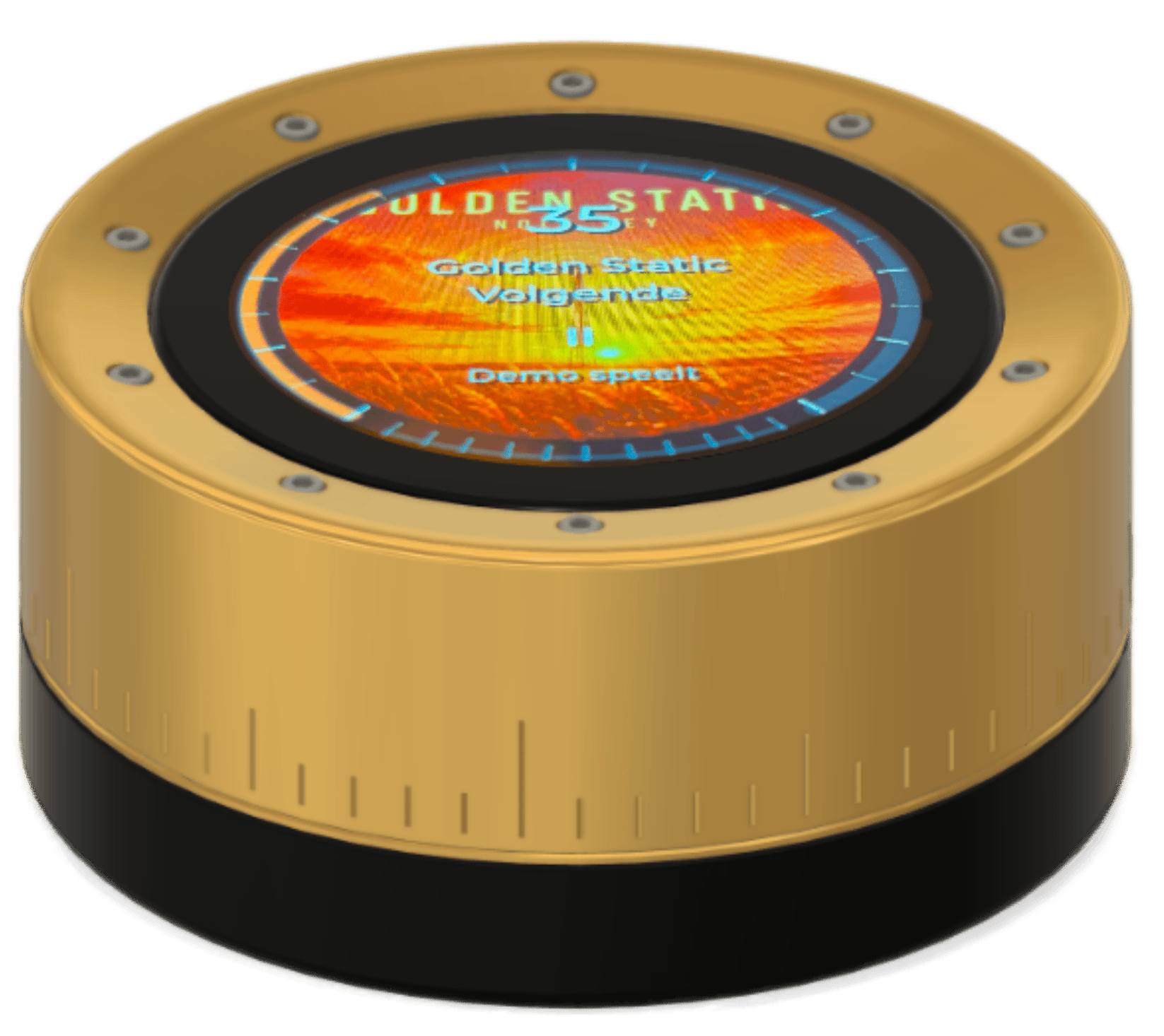 Messing steampunk Music Dial met maatverdeling en Golden Static albumart